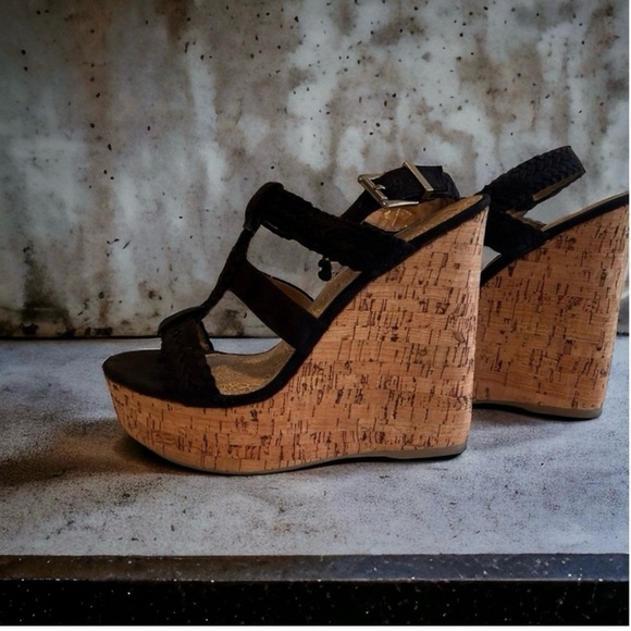 Soda Black Vegan Stappy 6” cork heeled platform wedges. SZ10 Great Condition. - Picture 1 of 16